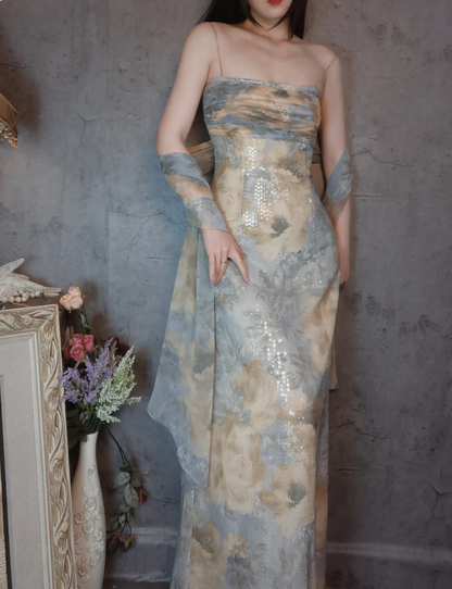 Vintage Fitted Spaghetti Strap Sequined Long Prom Dress Evening Dress P4308