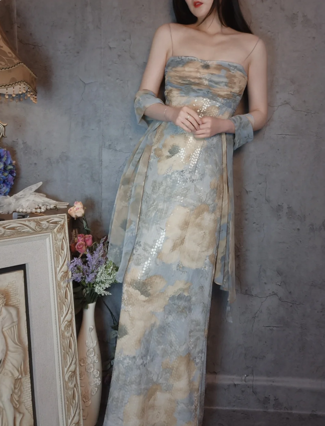 Vintage Fitted Spaghetti Strap Sequined Long Prom Dress Evening Dress P4308