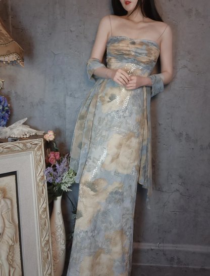 Vintage Fitted Spaghetti Strap Sequined Long Prom Dress Evening Dress P4308