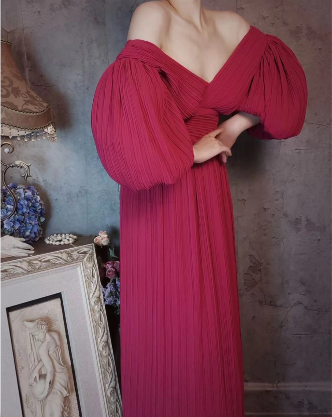 Elegant Rose Pink V-neck Puff Sleeve Pleated Long Prom Dress Evening Dress P4309