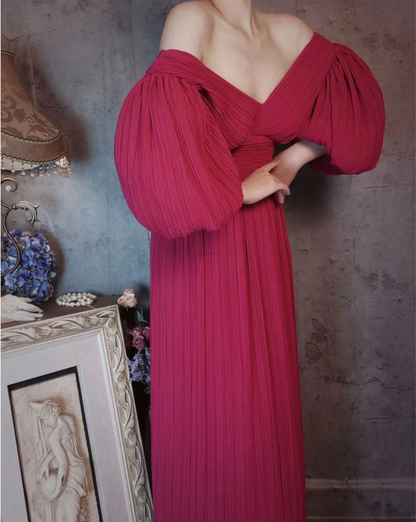 Elegant Rose Pink V-neck Puff Sleeve Pleated Long Prom Dress Evening Dress P4309