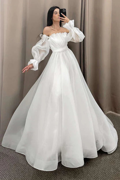 omberprom Elegant Off the Shoulder Pleated A-Line Long Wedding Dress with Sleeves
