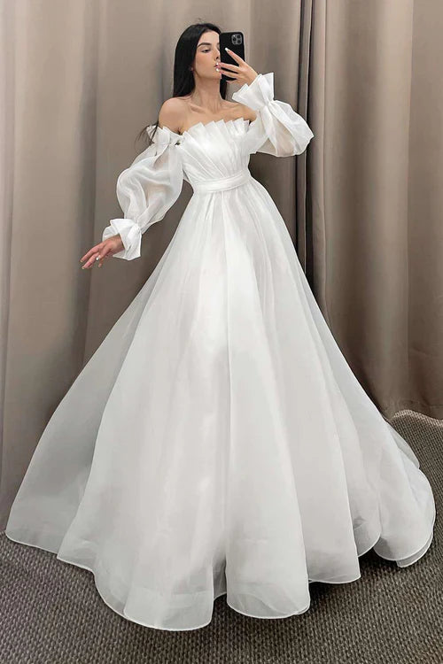 omberprom Elegant Off the Shoulder Pleated A-Line Long Wedding Dress with Sleeves