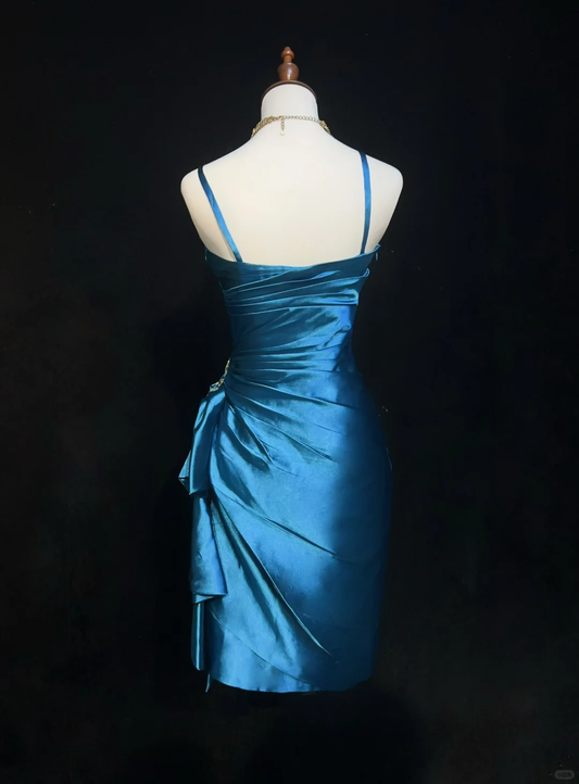 Blue suspenders waist design pleated slim hip-hugging mid-length skirt homecoming dress R4942