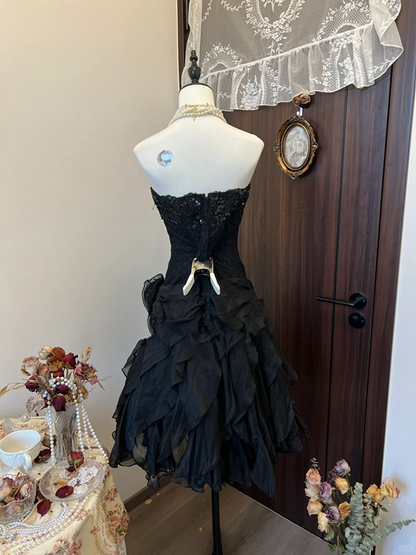 Black strapless lace waist slim A-line asymmetrical skirt elegant mid-length skirt homecoming dress R4293