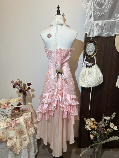 Pink tube top slim waist fishtail pleated skirt long dress homecoming dress R4251