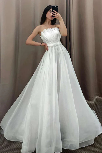 omberprom Elegant Off the Shoulder Pleated A-Line Long Wedding Dress with Sleeves