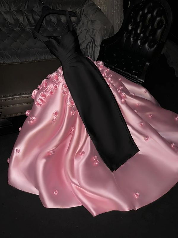 Black halter-neck fitted dress paired with a pink long ball gown with a train, bridal gown R8791