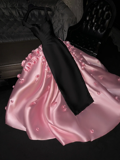 Black halter-neck fitted dress paired with a pink long ball gown with a train, bridal gown R8791
