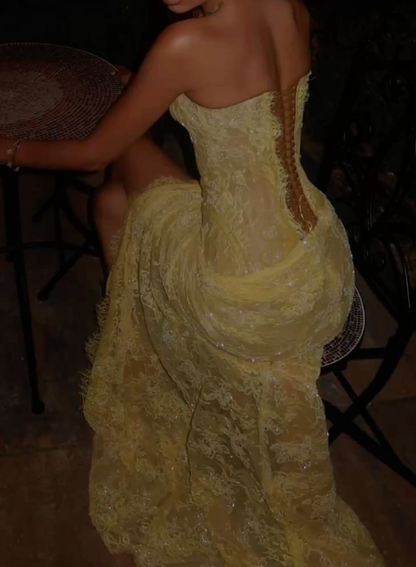 Sexy Strapless Yellow Lace Sequin High Slit Pleated Prom Gown Long Mermaid Party Dress