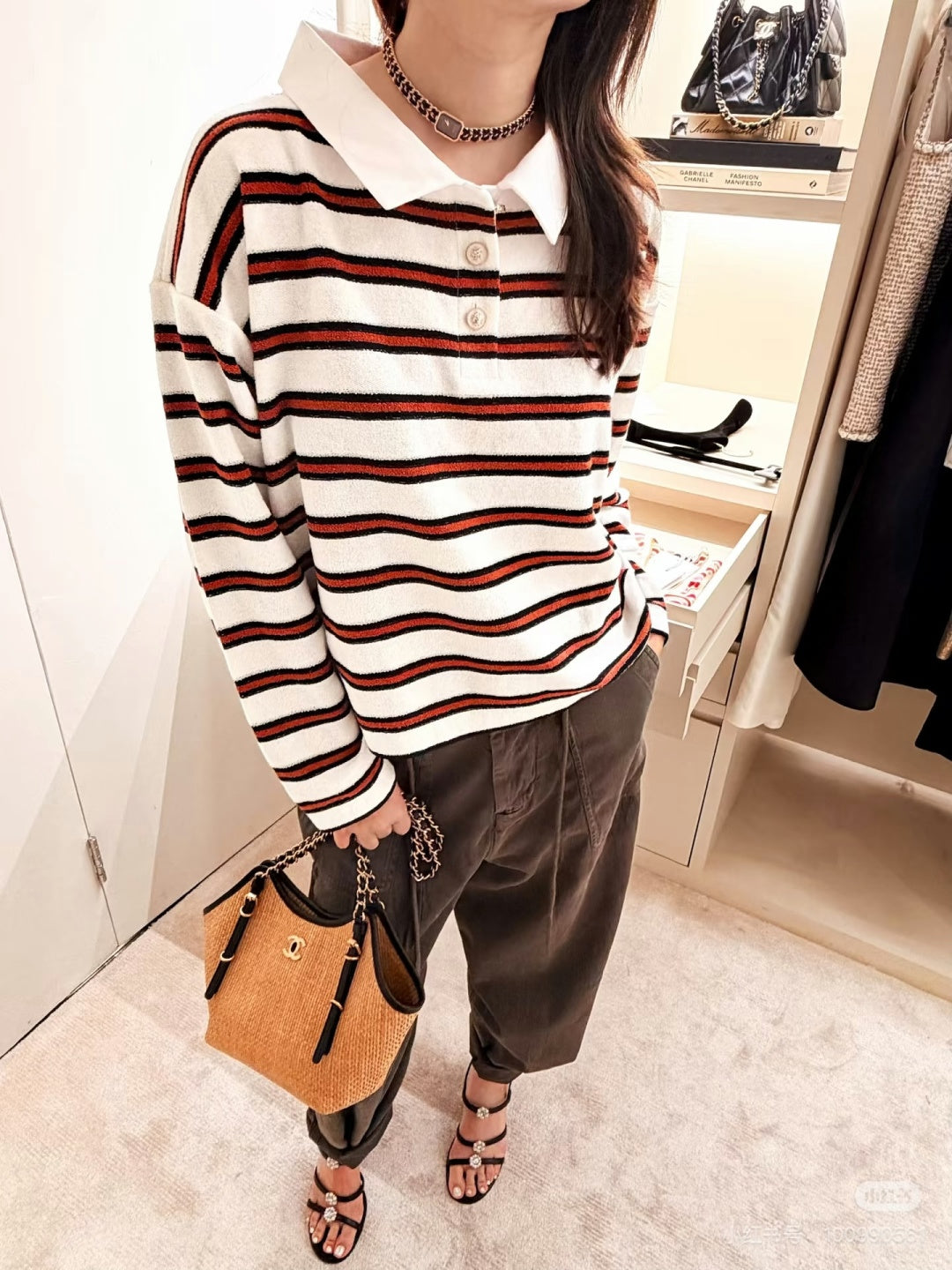 Chanel 26 Collared Color-Blocked Striped Polo White Red in Wool Blend 799250