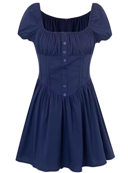 2025 Summer New Blue Square Neck Puff Sleeve Waist Slimming Short A-Line Dress R0944