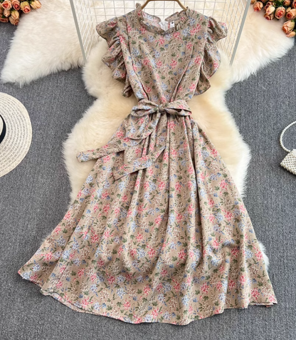2025 Summer Gentle Style Sweet Ruffled Stand Collar Waist Slim Floral Chiffon Lotus Sleeve Dress R0408