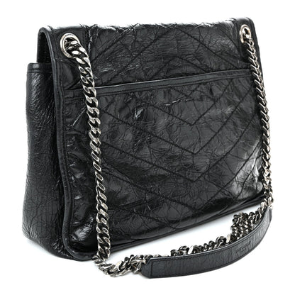 Crinkled Calfskin Matelasse Monogram Medium Niki Chain Satchel Black