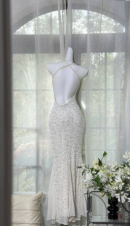 Shinying White Mermaid Strapless Lace-up Back Sequin Chiffon Long Prom Dress Evening Dress P4031