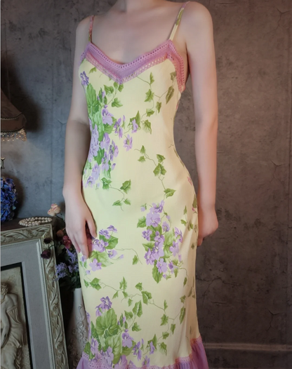 Retro Yellow-Based Purple Floral Mermaid Spaghetti Strap V-Neck Chiffon Prom Dress Evening Dress P4311