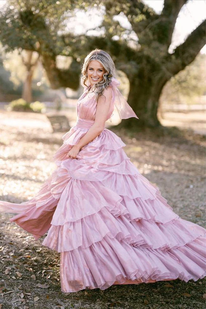 omberprom Glitter Tie Straps Pink Plunging Neck Tiered Long Prom Dress