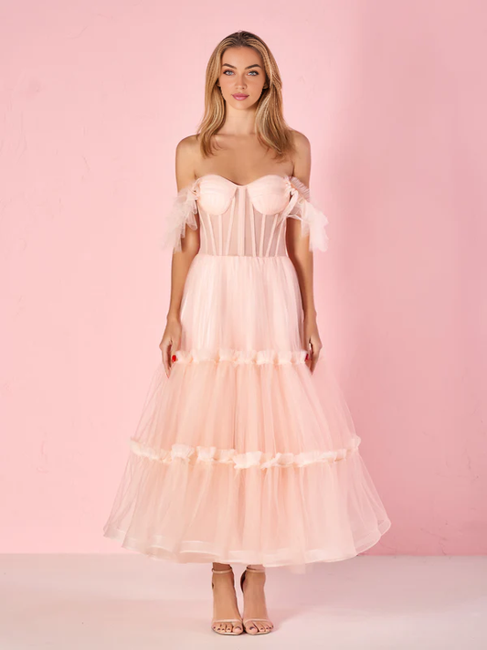 omberprom Elegant A-Line Evening Dress Corset Ruffled Tulle Prom Dress