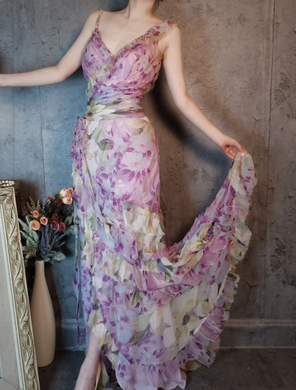 French Romantic Purple Floral Print V-neck Backless Layered Pleated Chiffon Prom Dress Evening Dress P4312