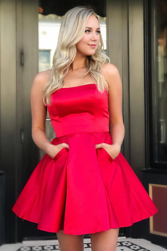 omberprom A-Line Graduation Dresses Strapless Satin Homecoming Dress with Pockets