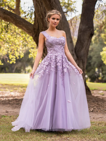 omberprom Sweet-Heart Evening Dress Tulle One Shoulder Sleeveless Long Prom Dress