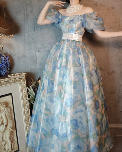 Vintage Blue Floral A-line Square Neck Puff Sleeve Glossy Organza Long Prom Dress Evening Dress P4313