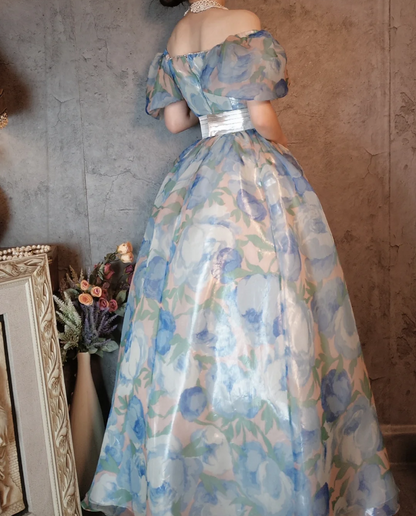 Vintage Blue Floral A-line Square Neck Puff Sleeve Glossy Organza Long Prom Dress Evening Dress P4313