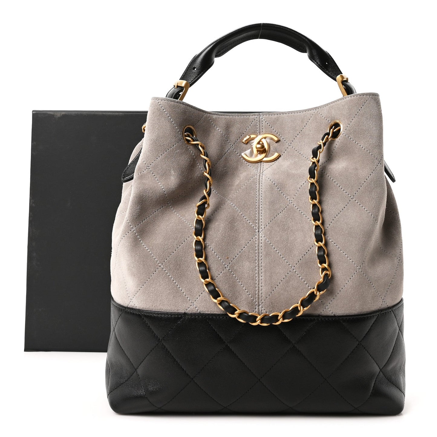 Suede Calfskin Shiny Lambskin Quilted Shopping Bag Grey Black