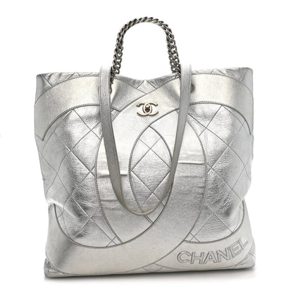 Metallic Calfskin Stitched CC Club Monaco Tote Silver