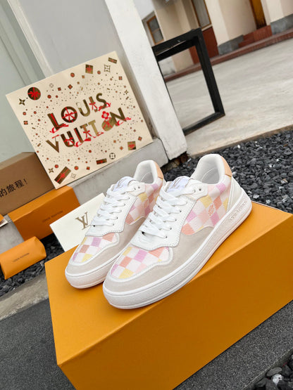 LV Groovy Sneaker White Pink Yellow Damier Canvas Suede 597684