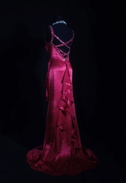 Vintage Fuchsia Satin Beaded Evening Gown Sheath Ruffled Party Dress Long Formal Dress TP4975