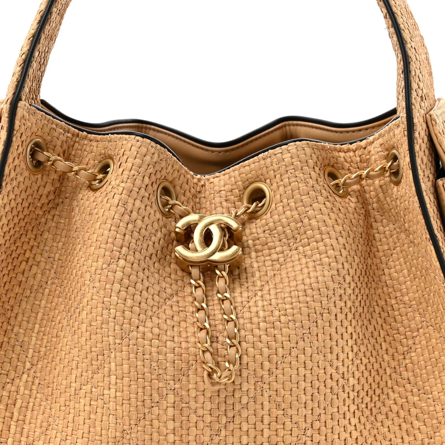 Braided Raffia Calfskin Quilted Small Chanel 25 Handbag Beige Black