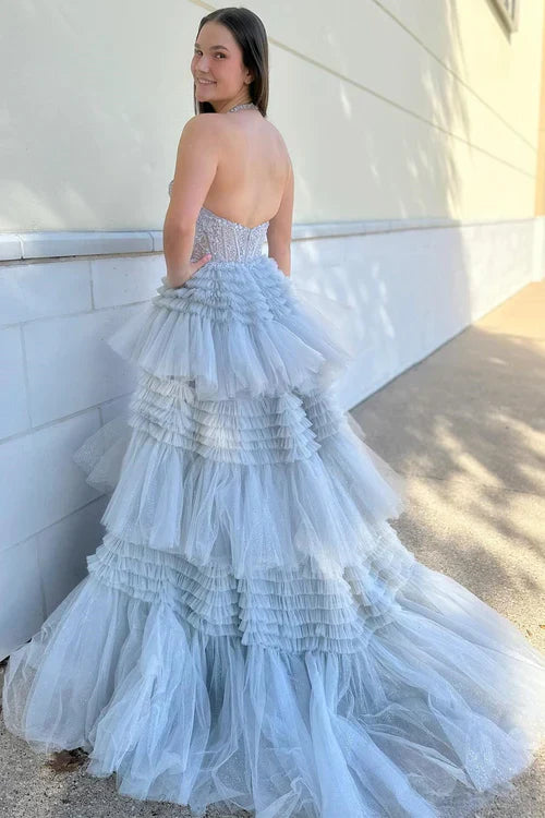 omberprom Prom Dresses Red Evening Dress Tulle Appliques Halter Ruffle Tiered Ball Gown