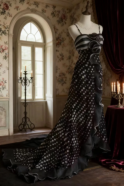 Black polka dot padded waist fitted long ball gown R6716