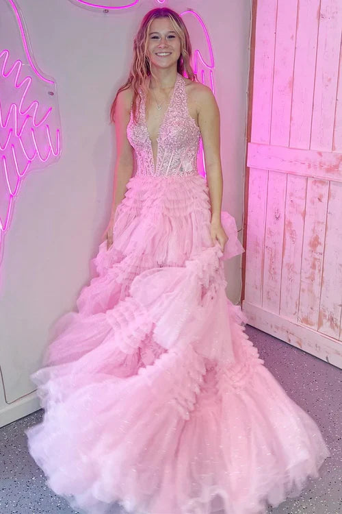 omberprom Prom Dresses Red Evening Dress Tulle Appliques Halter Ruffle Tiered Ball Gown