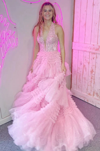 omberprom Prom Dresses Red Evening Dress Tulle Appliques Halter Ruffle Tiered Ball Gown