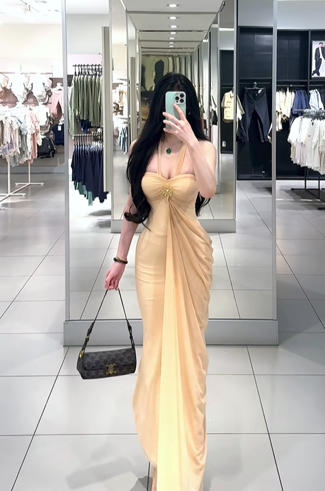 Apricot halter neck sexy fitted waist long ball gown R7902