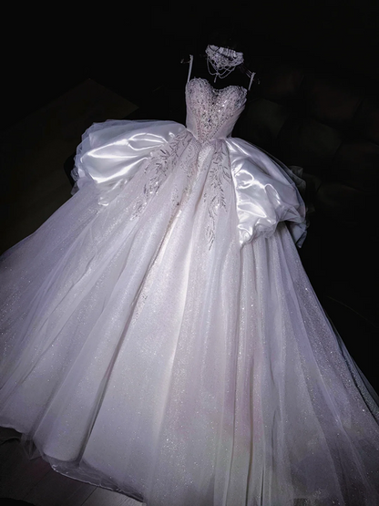 White suspender diamond waist slim fit puffy skirt long dress bridal dress R5722