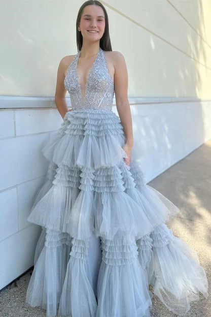 omberprom Prom Dresses Red Evening Dress Tulle Appliques Halter Ruffle Tiered Ball Gown