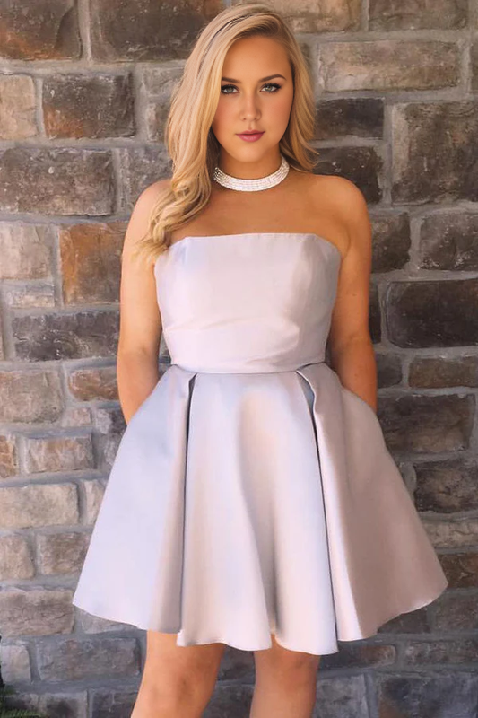 omberprom A-Line Graduation Dresses Strapless Satin Homecoming Dress with Pockets