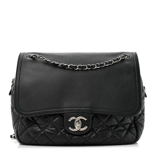 Aged Calfskin Quilted Easy Zip Flap Bag Black