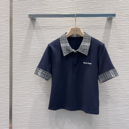 Miu SS26 Set Polo Shirt Pleated Skirt Navy Blue Polyester Cotton 351275