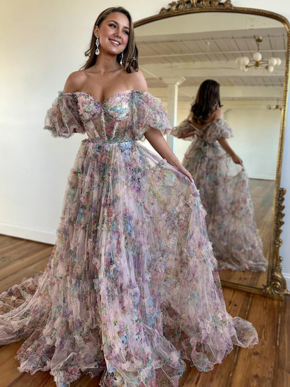 omberprom A Line Evening Dress Off The Shoulder Floral Tulle Prom Dress