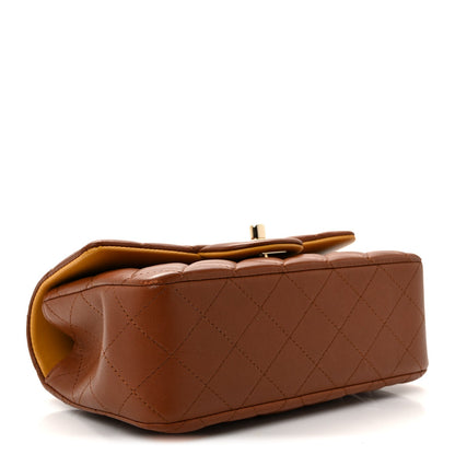 Lambskin Quilted Bi-Color Mini Top Handle Rectangular Flap Light Brown Yellow