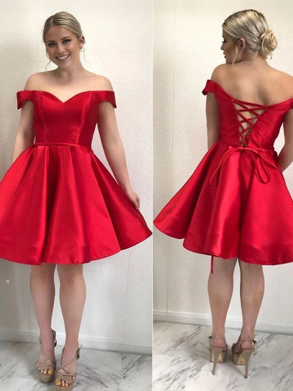 omberprom A-Line Simple Party Dress Satin Off-Shoulder Homecoming Dress Graduation Dress