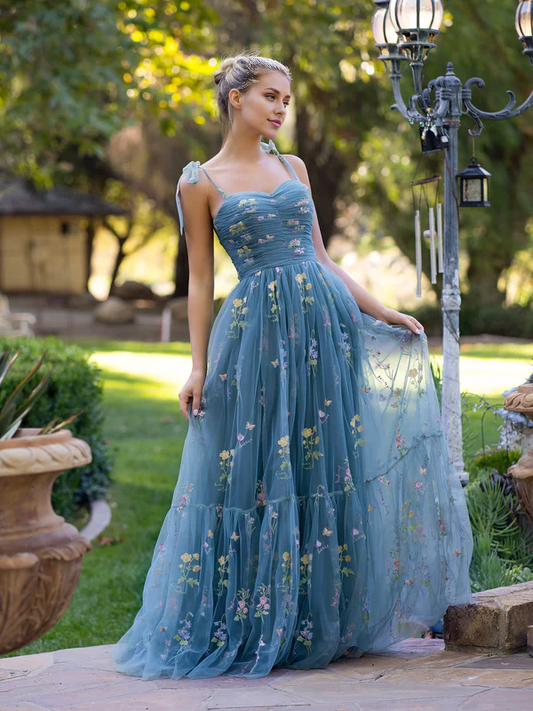 omberprom Sweetheart Neck Floor Length Tulle Embroidery Floral Prom Dress