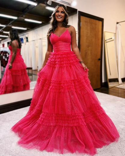 omberprom A-Line V Neck Tiered Long Tulle Prom Dress Charming Evening Party Dress
