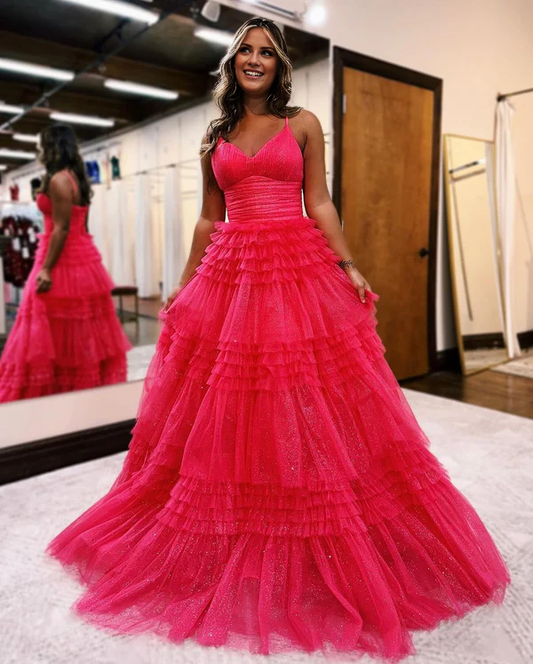 omberprom A-Line V Neck Tiered Long Tulle Prom Dress Charming Evening Party Dress