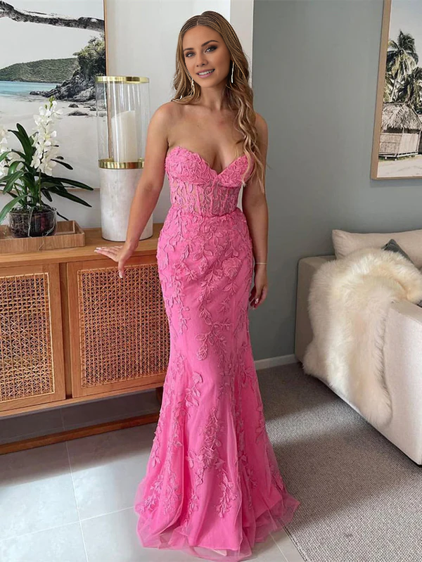 omberprom Elegant Mermaid Evening Dress Strapless Lace Prom Dress With Appliques