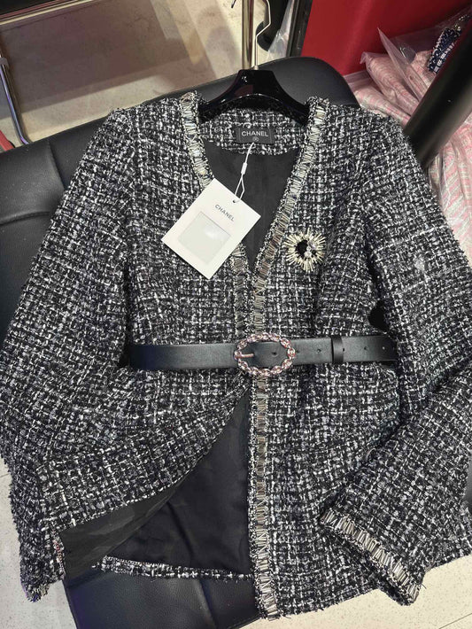 CC 25Ss Middle Length Coat Black Leather Belt